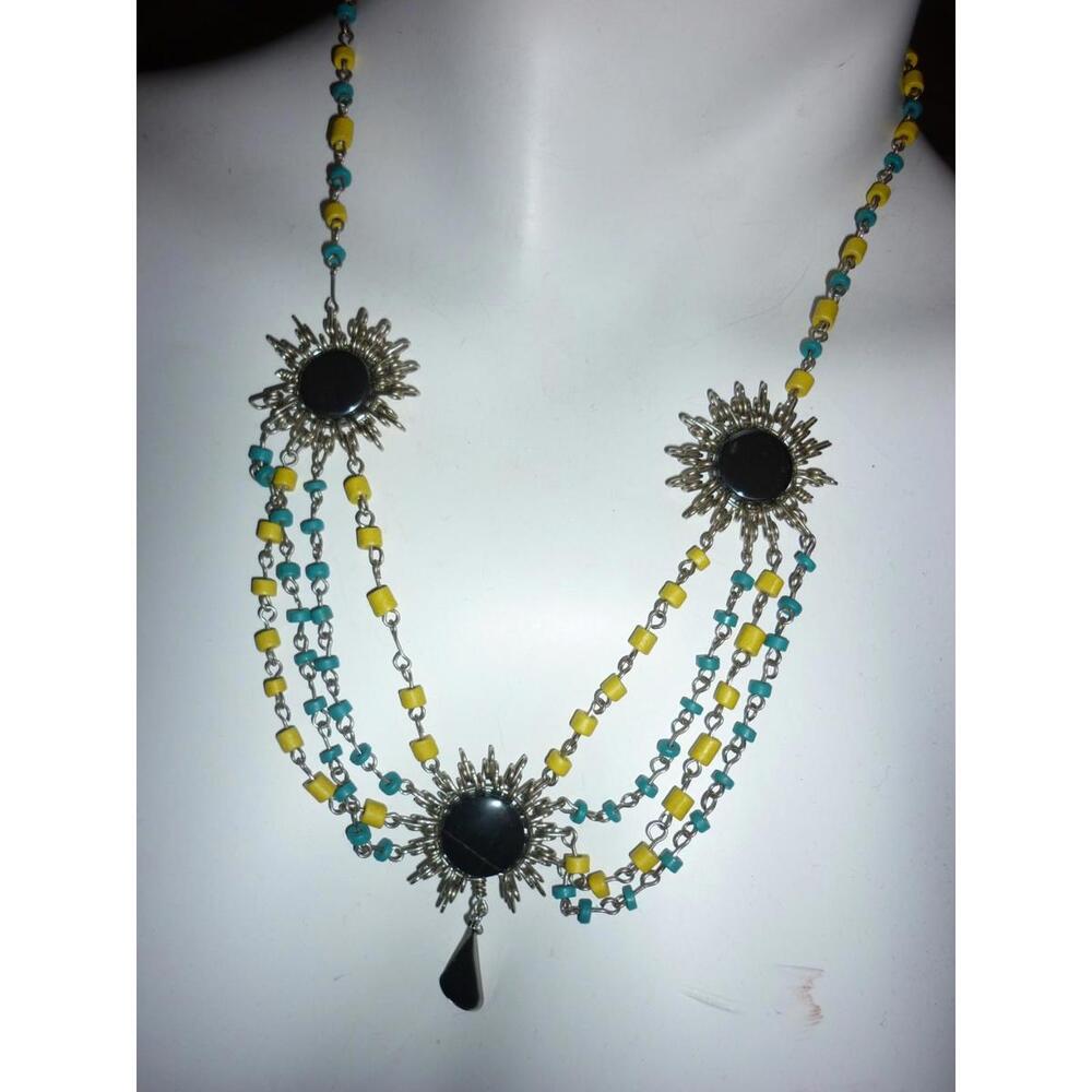 Vintage Yellow Blue Sun Beaded Necklace  Wire 18"‎ - Picture 3 of 4